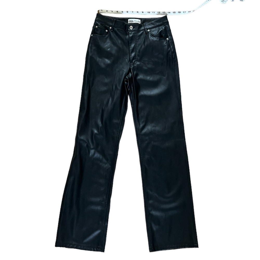 ZARA Faux Vegan Black Leather High-Rise Straight Leg Pants Stretch US SZ 6